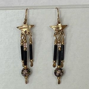 Tabra Earrings, Vintage, 1990. Gold Star, Black Beads W/Cloisonné Flower Bead